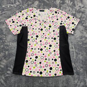 Cherokee Scrub Top womens large multi color Polka Dot print Stretchy side panels